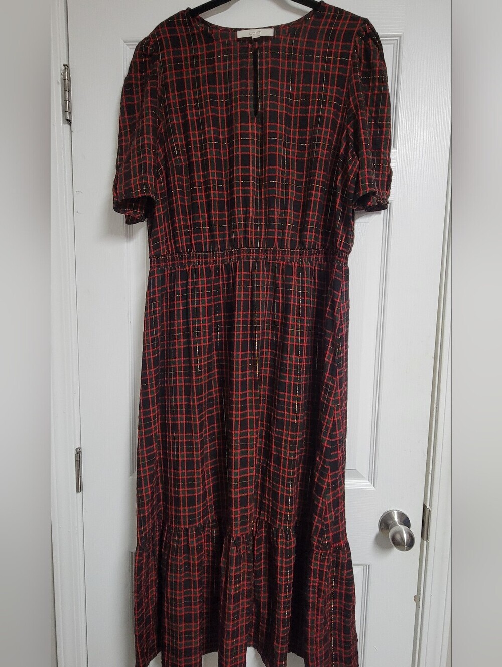 Loft Plaid Midi Dress with Keyhole Neck - Red/Black Size Xl. - Picture 4 of 10